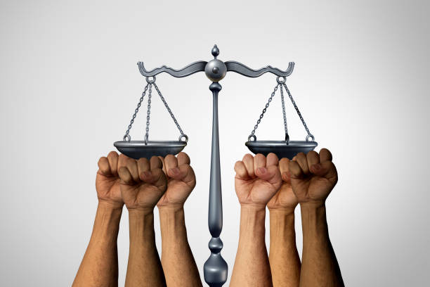 Revolution Justice and legal activism with a group of activist protesters demonstrating for social laws to fight unrest with 3D illustration elements.